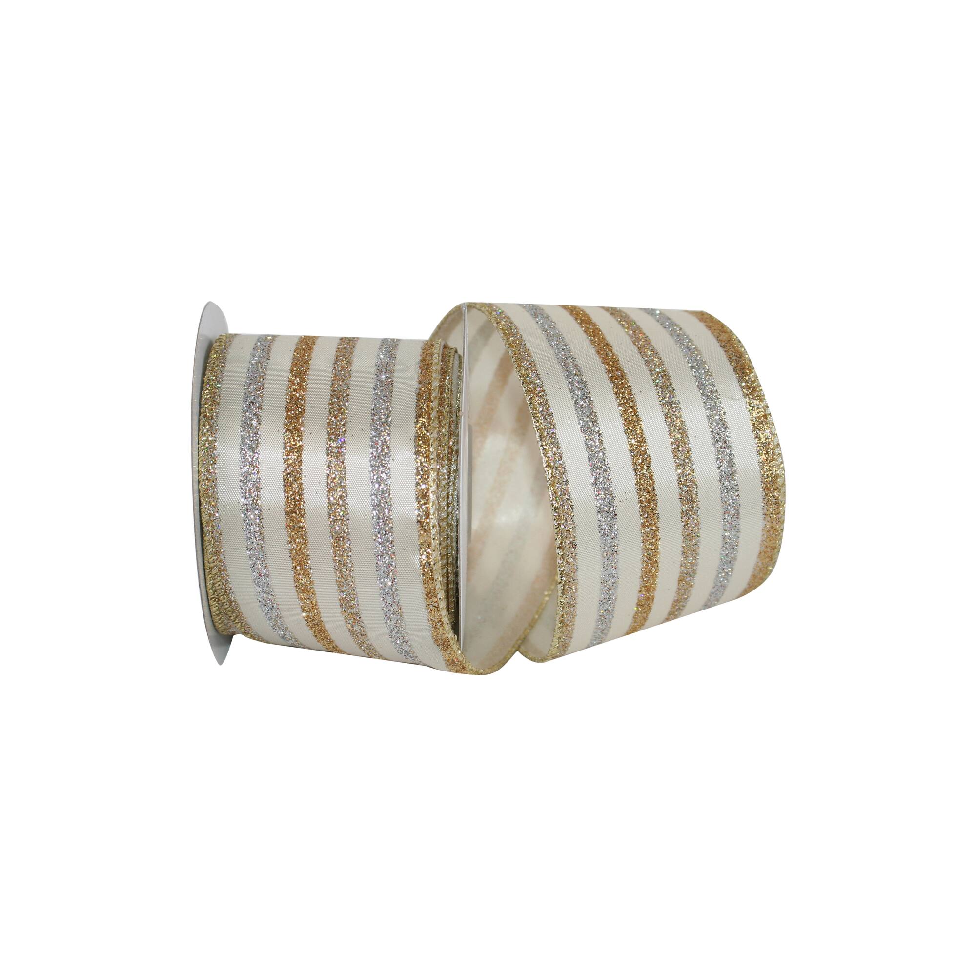 JAM Paper 2.5" x 10yd. Ivory & Champagne Wired Striped Ribbon